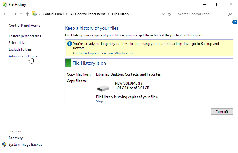 File History Advanced Settings