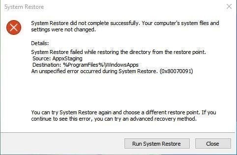 System Restore not Working Windows 10