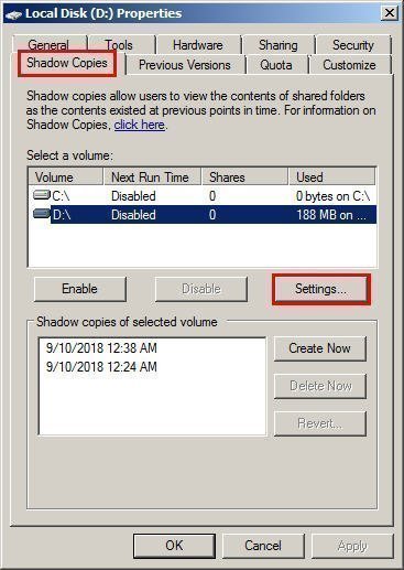 Shadow Copy Settings