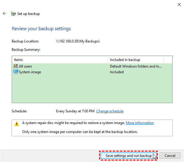 Save Settings And Run Backup