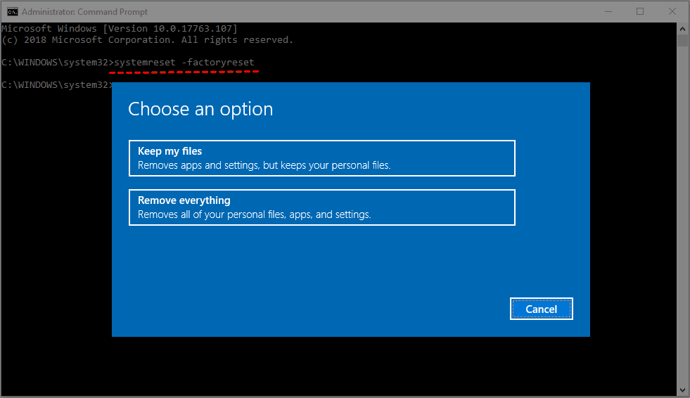 Reset Windows 10 from Command Prompt