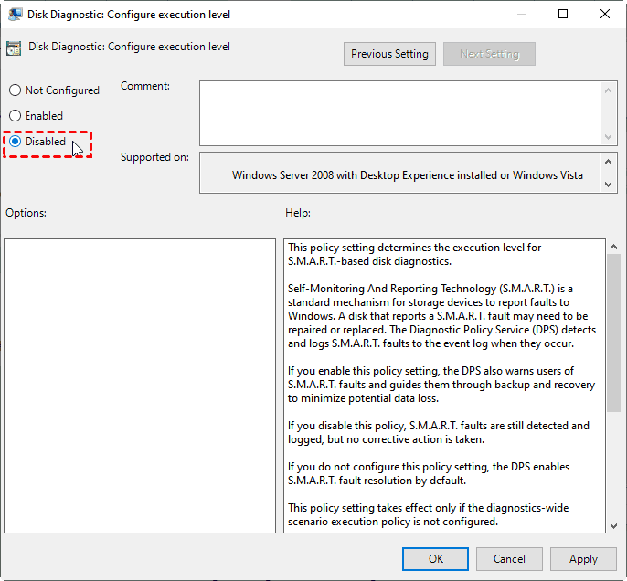 Disable Diagnostic Configure Execution Level