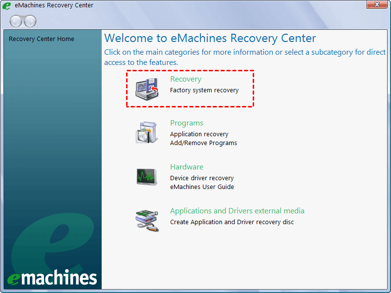 eMachines Recovery Center