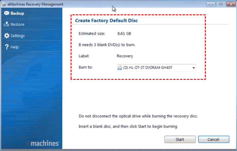 eMachines Recovery Management Create Recovery Disk