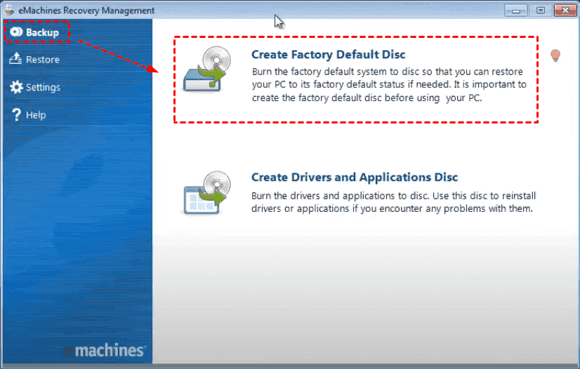 eMachines Recovery Management