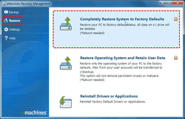 eMachines Recovery To Factory Settings