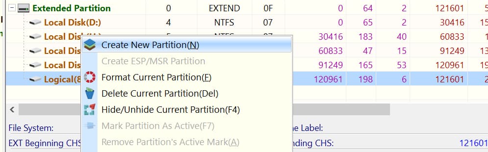 create new partition