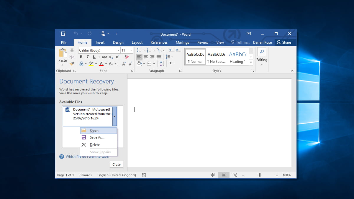 how to recover an unsaved word document windows 10