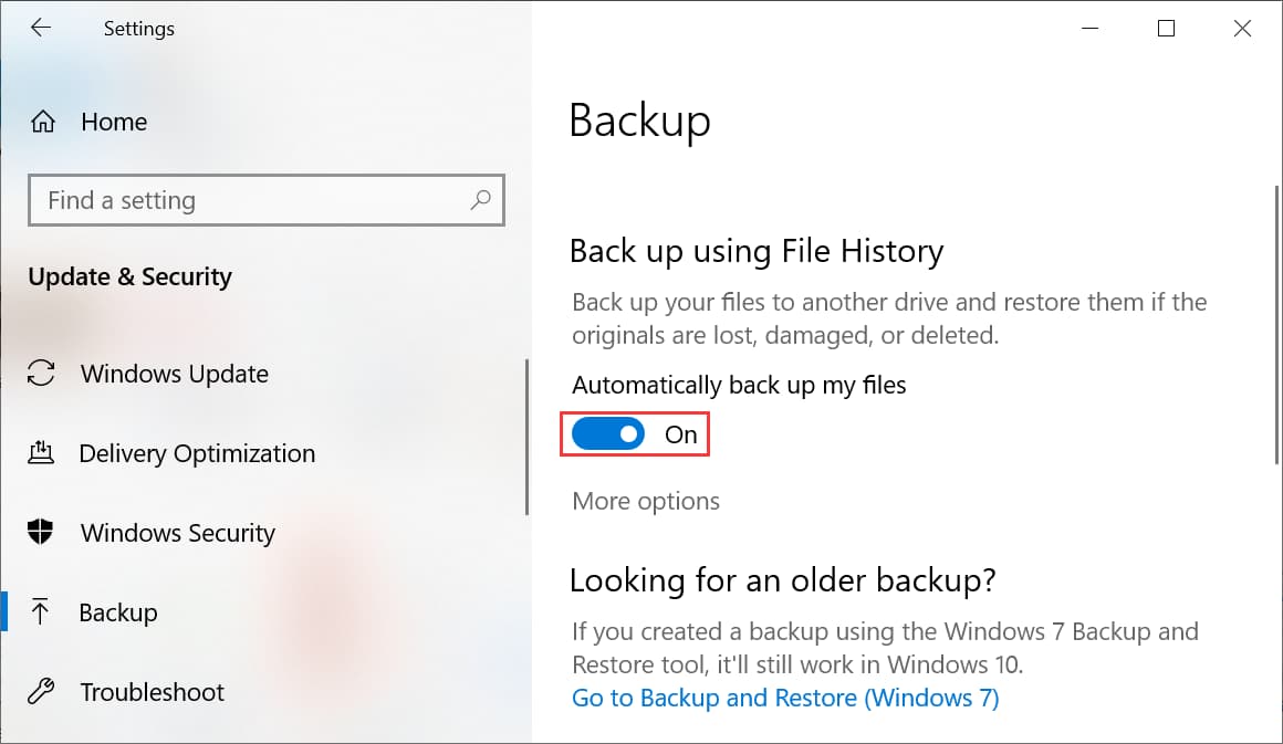 Enable Back up using File History