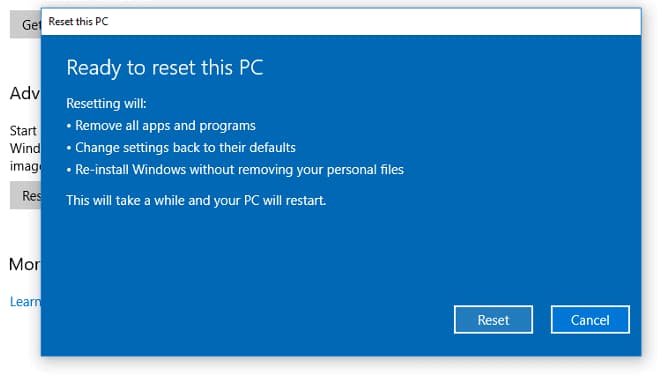 windows 10 reset lost files