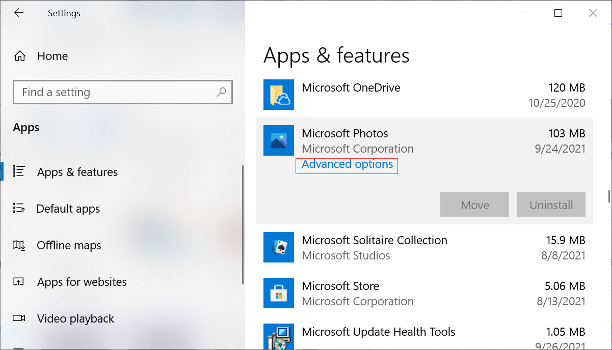 Microsoft Photos Advanced Options