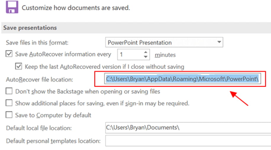 PowerPoint AutoRecover file location