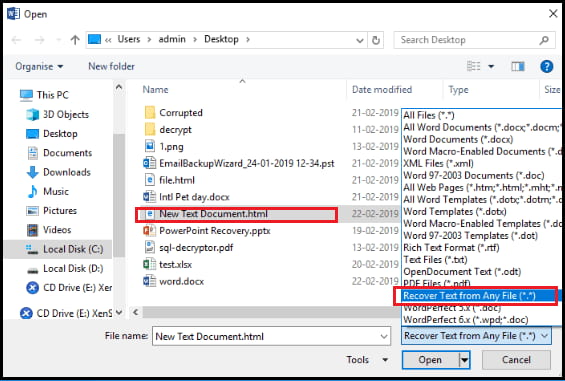 fix an unreadable Word via Recover Text from Any File