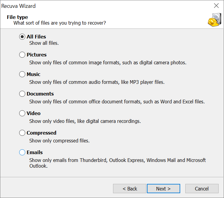 select file types by Recuva