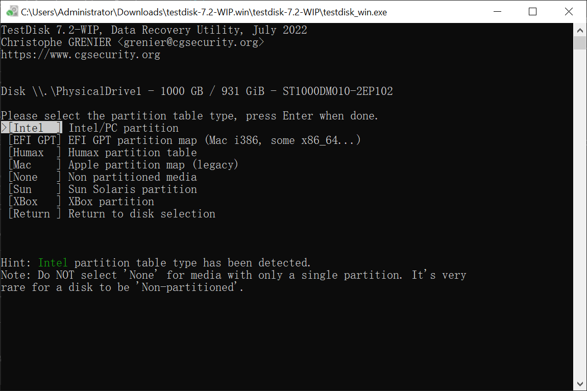 TestDisk select the partition table type