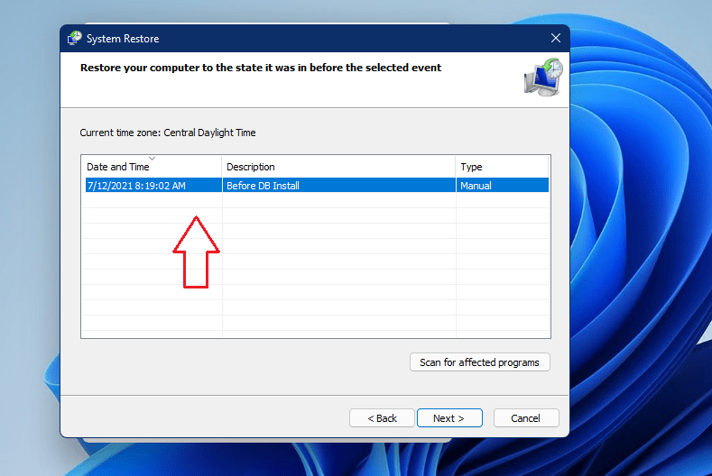 select restore point in Windows 11