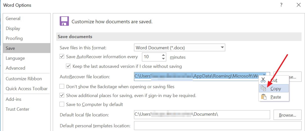 word AutoRecover File Location