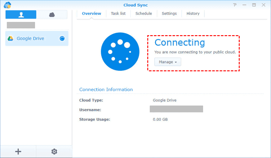 Synology Cloud Sync Connecting