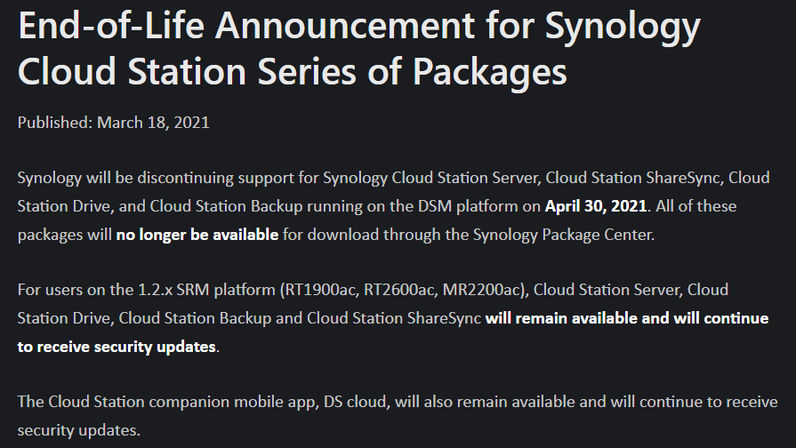 Synology Cloud Station Suite Ends