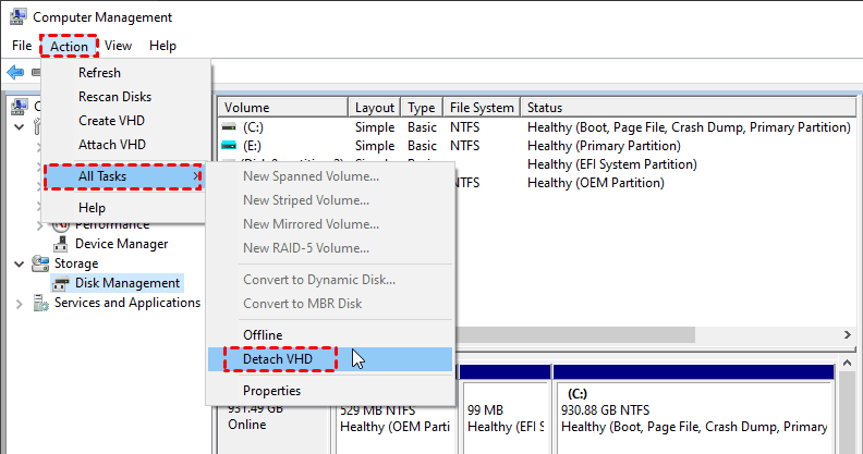 Detach VHD Disk Management