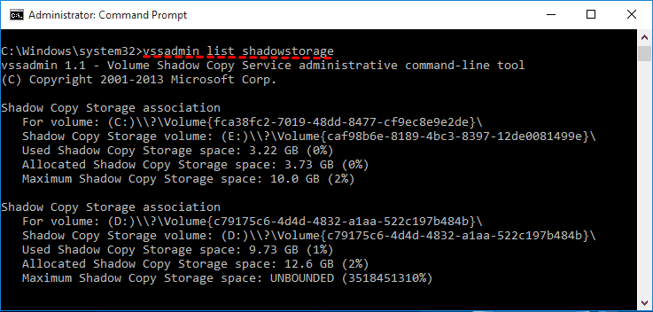 Vssadmin List Shadowstorage