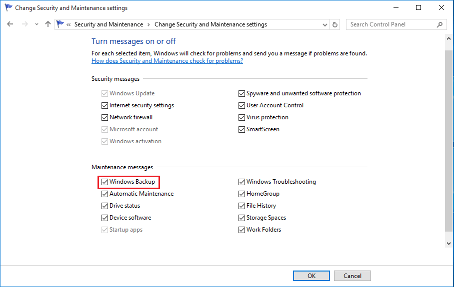 Enable Windows 10 Backup Notification