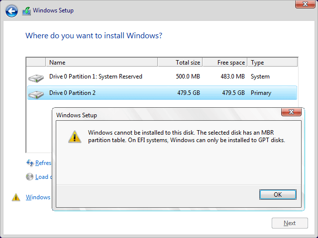 The selected disk has an mbr partition table